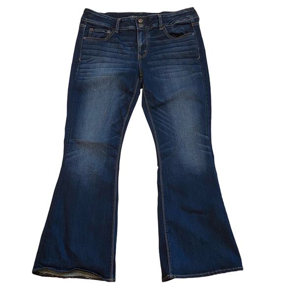 American Eagle Jeans Women Sz 16 Short Artist Flare Leg Distressed Stretch Boho - Picture 1 of 11
